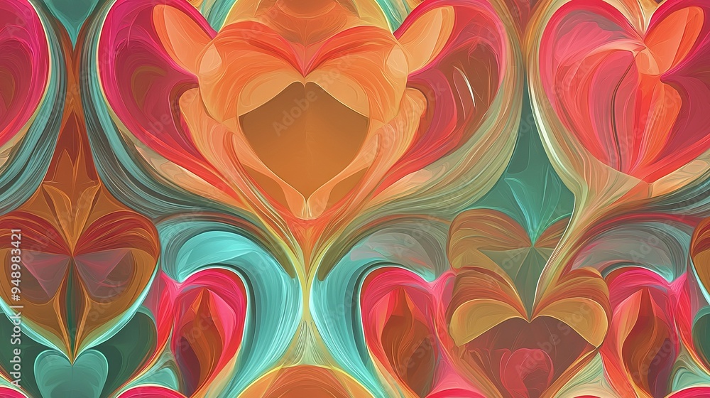 Many hearts on green, orange, red, and blue background with patterns of smaller hearts on the left Many hearts on green, orange, red, and blue background with patterns of smaller hearts on the left