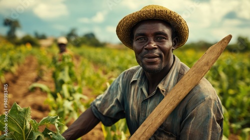 Malawi Agriculture: African Farmer Ploughing Field with Wild Plants and Crops