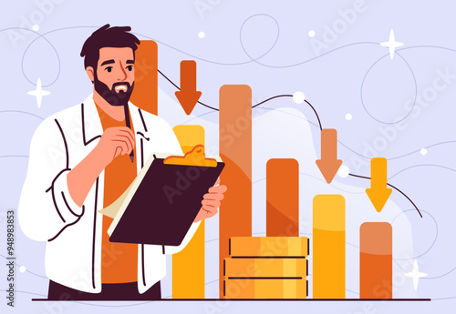 Financial inflation concept. Man with graphs and diagrams. Recession and crisis. Trader and investor with infographics. Businessman with bankruptcy and money loss. Flat vector illustration