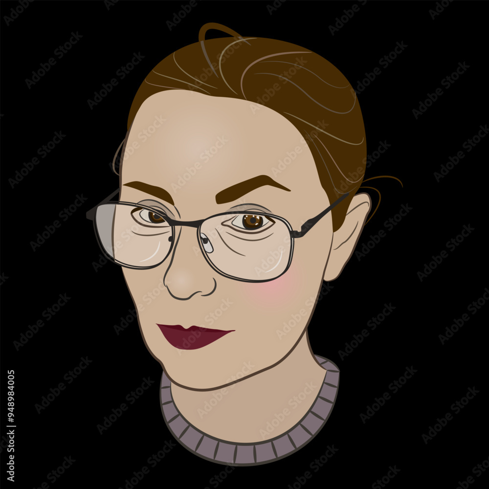 Portrait of a young woman wearing glasses. Female head. Cartoon style. On black background. Portrait of a young woman wearing glasses. Female head. Cartoon style. On black background.