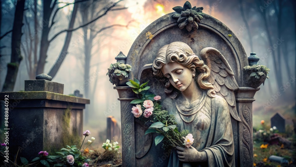 A weathered, ornate tombstone with a subtle crack, adorned with a faded stone angel and surrounded by withered flowers in a serene, misty atmosphere. A weathered, ornate tombstone with a subtle crack, adorned with a faded stone angel and surrounded by withered flowers in a serene, misty atmosphere.