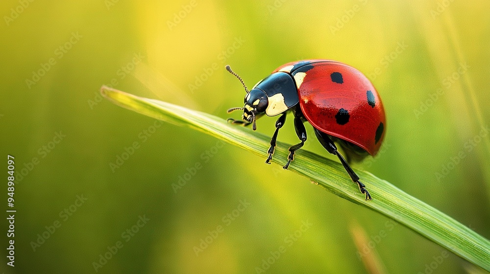 Fototapeta premium A ladybug perched atop a verdant grass blade, legs spread in a wide stance