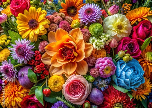 Vibrant close-up of a lush floral arrangement featuring an array of blooming flowers in diverse shapes, sizes, and