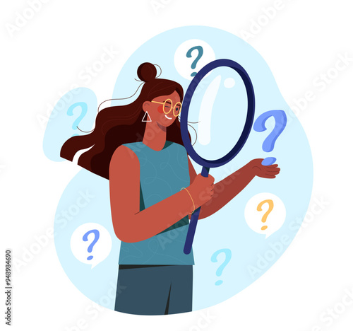 Woman finding answers. Young girl with magnifying glass near question signs. Logical thinking and thoughts. Pensive character with loupe. Flat vector illustration isolated on white background