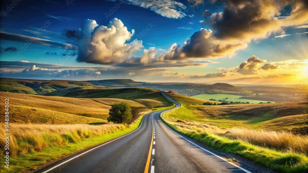 A winding asphalt road stretches into the horizon, disappearing into a haze of blue skies and rolling hills, conveying a sense of limitless adventure and freedom. A winding asphalt road stretches into the horizon, disappearing into a haze of blue skies and rolling hills, conveying a sense of limitless adventure and freedom.