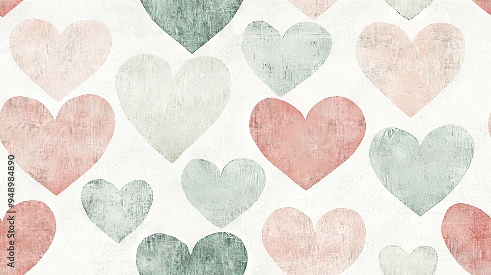 Fototapeta premium A series of pastel heart paintings in shades of pink, green, gray, and white on a white canvas