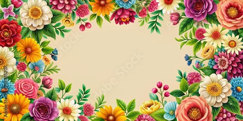 Vibrant colorful flowers dance across a delicate ornate border, set against a soft cream-colored background, creating a