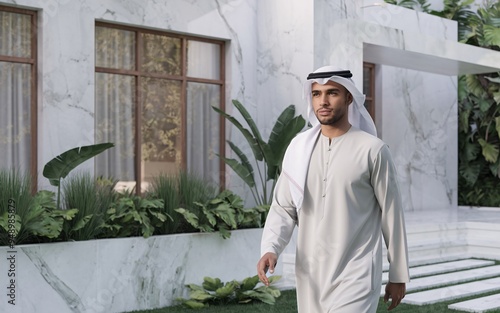 Modern Emirati Elegance: A confident Arab man in traditional attire strolls past his luxurious villa, embodying success and sophistication in the UAE. 