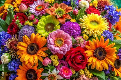 Vibrant floral arrangement showcases a kaleidoscope of blooming flowers in every color, celebrating the beauty of