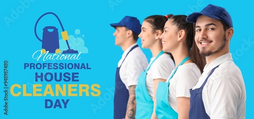 Banner for National Professional House Cleaners Day with group of janitors
