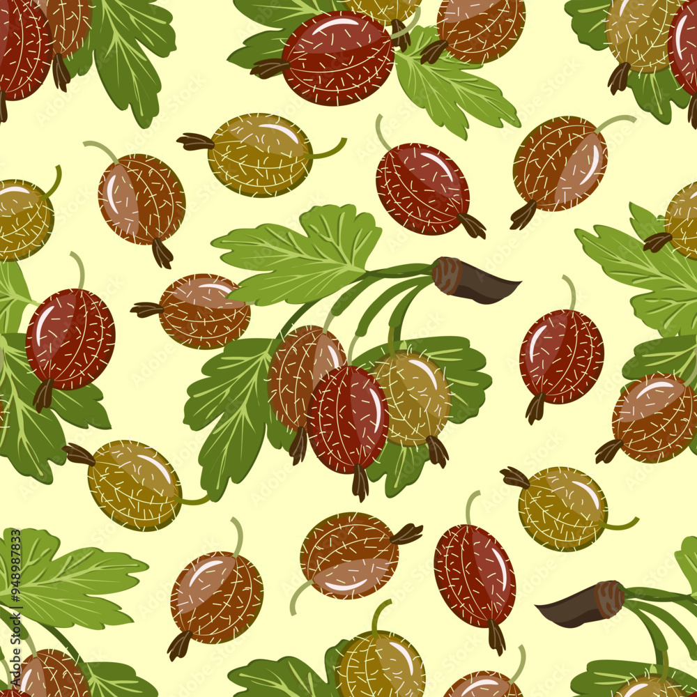 Ripe gooseberries in a vector pattern.Gooseberries with leaves on a colored background in a seamless vector pattern. Ripe gooseberries in a vector pattern.Gooseberries with leaves on a colored background in a seamless vector pattern.