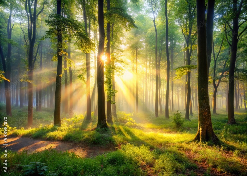 Fototapeta premium Blurred forest morning with dappled sunlight and gentle mist sense of tranquility