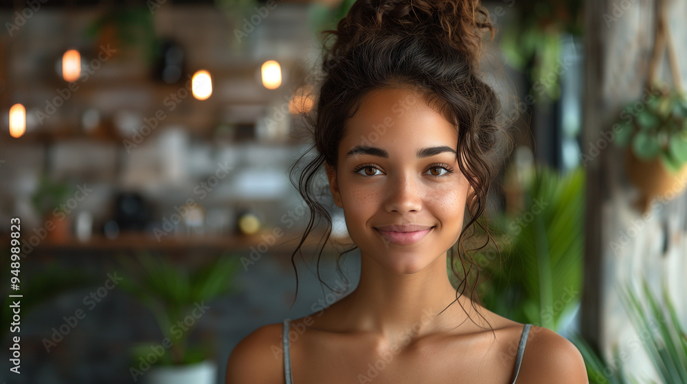 Modern office setting with minimalist decor, featuring a holographic projection of a smiling young businesswoman-1 Modern office setting with minimalist decor, featuring a holographic projection of a smiling young businesswoman-1