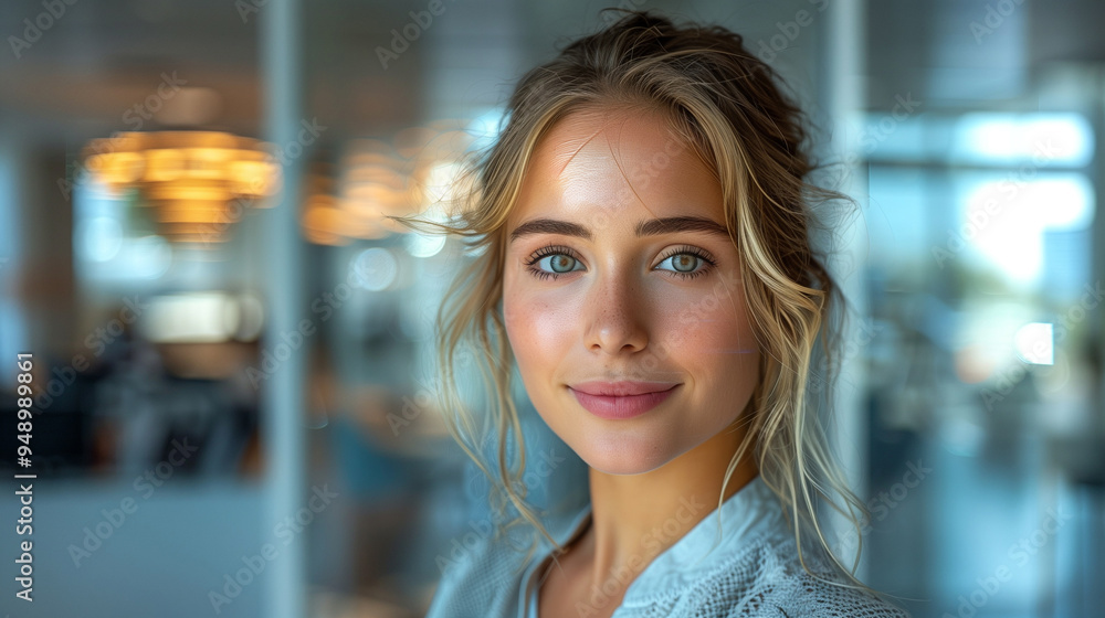 Modern office setting with minimalist decor, featuring a holographic projection of a smiling young businesswoman-2 Modern office setting with minimalist decor, featuring a holographic projection of a smiling young businesswoman-2