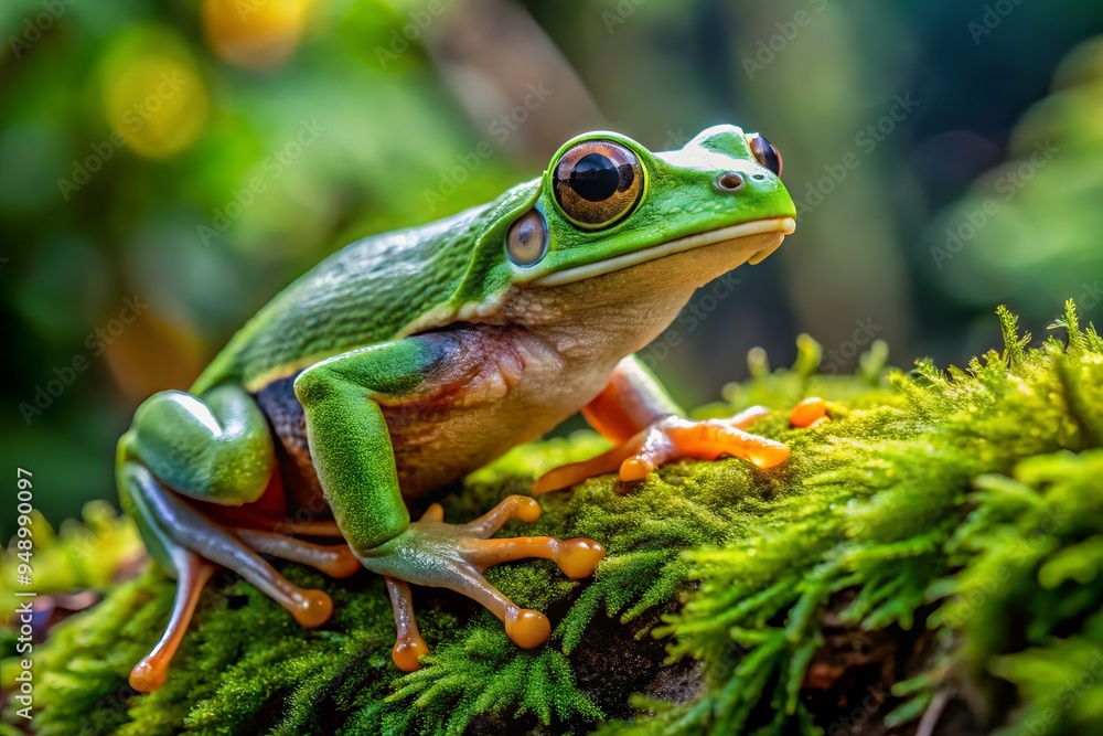 Vibrant green tree frog's leg, with intricate skin texture and tiny toes, hovered above a mossy forest floor, Vibrant green tree frog's leg, with intricate skin texture and tiny toes, hovered above a mossy forest floor,