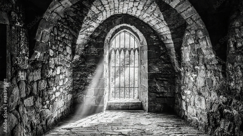 Fototapeta premium Black & white pic of sunlight through stone building's iron-barred window