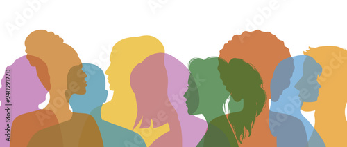 Man and woman group diversity profile silhouettes. Transparent multi-colored silhouettes of people. Community of colleagues or employees. Family relationships. Vector flat illustration