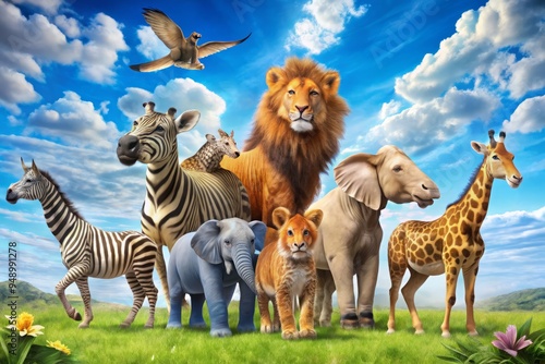 Vibrant illustration of a diverse menagerie featuring a lion, giraffe, zebra, elephant, monkey, and parrot, set against