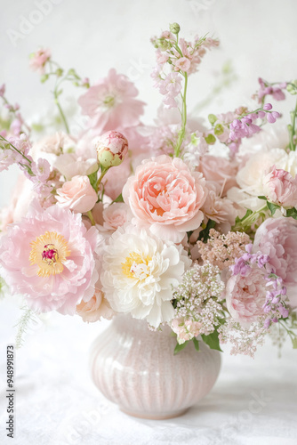 Bouquet of pink peonies in a ceramic vase.