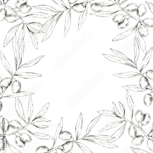 Square wreath made up of olive branches, complete with olives and leaves. Pencil drawing frame clipart for use in packaging design for Mediterranean food, oils, skincare products, and artisanal soaps