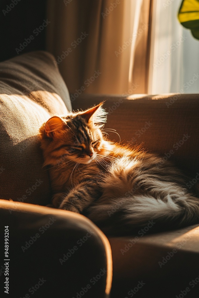 Cozy Cat Relaxing in Sunlight on a Sofa Cozy Cat Relaxing in Sunlight on a Sofa