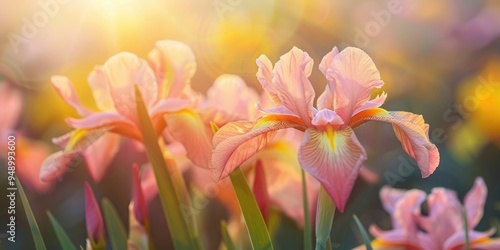 Pink yellow and gold Dutch Iris Autumn Princess in bloom