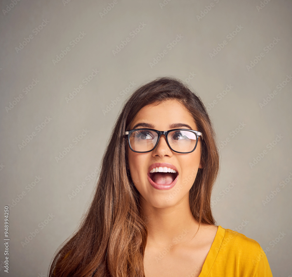 Woman, glasses and planning in studio for idea, problem solving and brainstorming with choice. Female person, editor and thinking on white background for decision, vision and creative inspiration Woman, glasses and planning in studio for idea, problem solving and brainstorming with choice. Female person, editor and thinking on white background for decision, vision and creative inspiration