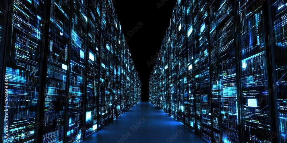 A futuristic view of a data center filled with servers illuminating the dark corridor A futuristic view of a data center filled with servers illuminating the dark corridor