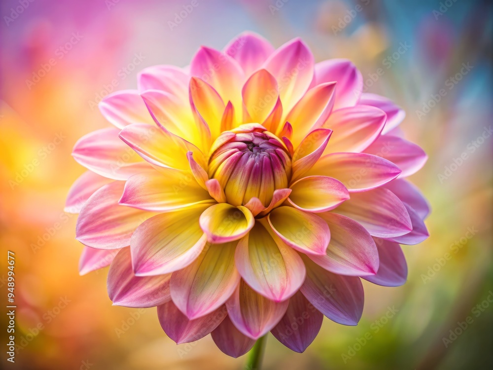 Vibrant pink and yellow petals unfold from a delicate flower's center, set against a soft, dreamy background, creating Vibrant pink and yellow petals unfold from a delicate flower's center, set against a soft, dreamy background, creating