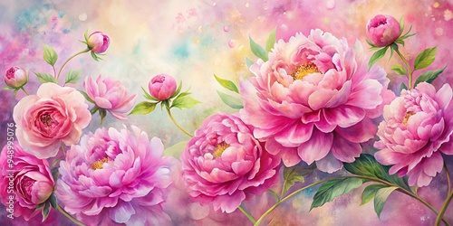 Vibrant pink peony blooms against a whimsical, hand-painted watercolor background featuring soft, blended hues and