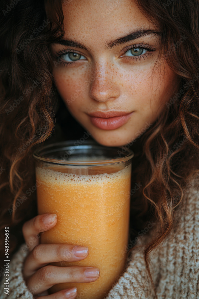 Close-up portrait of a woman holding a fresh orange smoothie, vitamin drink or cocktail. Close-up portrait of a woman holding a fresh orange smoothie, vitamin drink or cocktail.