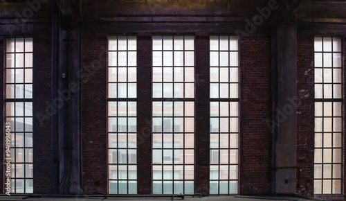 Photography Red brick interior wall and windows, vintage apartment building in New York city