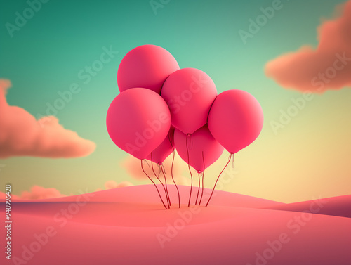 Surreal and dreamy: Pink balloons creating a whimsical party scene in a pink desert under a bright sky, capturing the playful contrast between fantasy and aridness