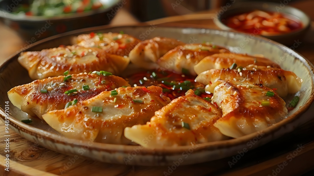 A plate of dumplings with sauce on the side A plate of dumplings with sauce on the side