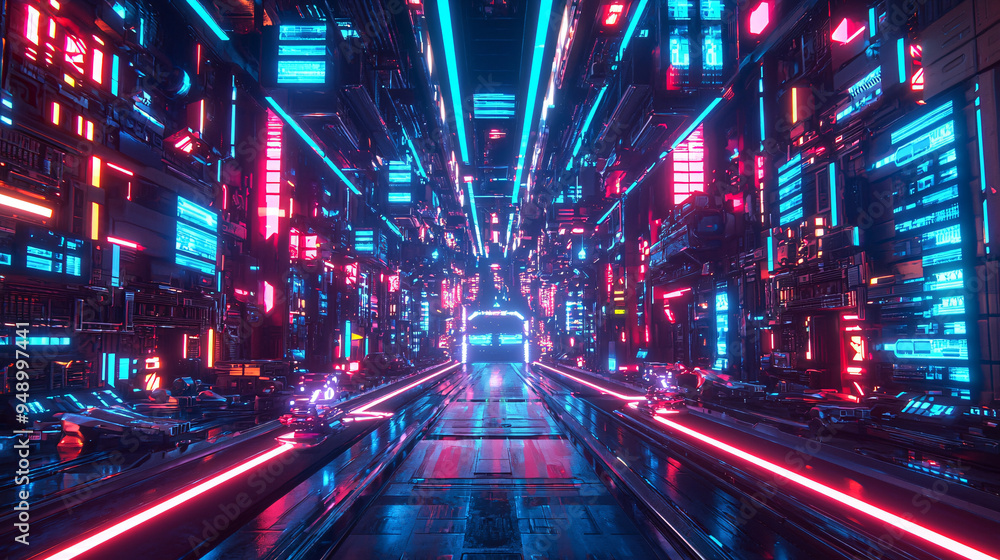 Futuristic urban environment with neon lights and autonomous robots performing tasks, representing technological innovation and urban development Futuristic urban environment with neon lights and autonomous robots performing tasks, representing technological innovation and urban development