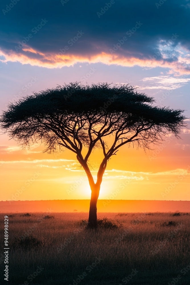 Fototapeta premium Stunning Silhouette of Acacia Tree at Sunset in African Savanna