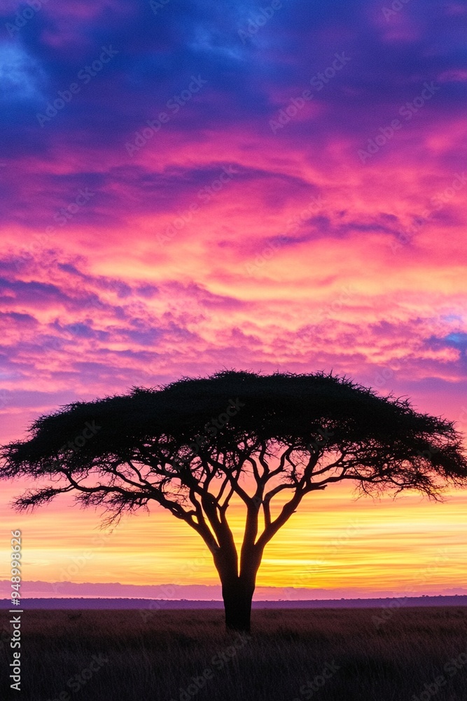 Stunning Sunset Silhouette of Acacia Tree Against Vibrant Sky Stunning Sunset Silhouette of Acacia Tree Against Vibrant Sky