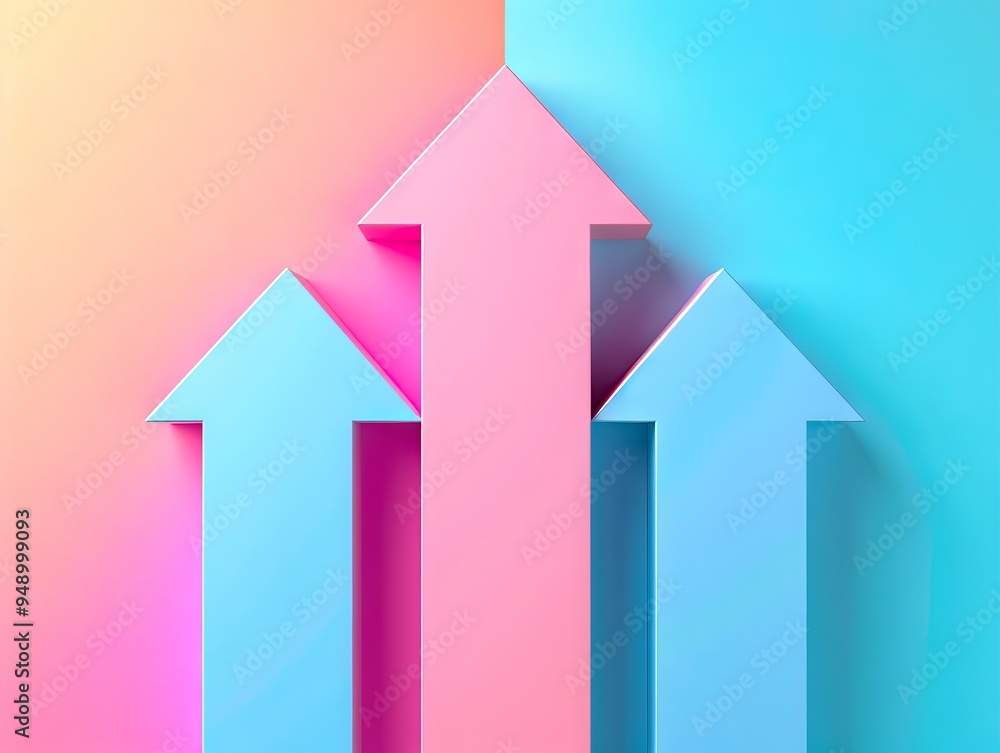 Three blue and pink arrows pointing up on a pink and blue background Three blue and pink arrows pointing up on a pink and blue background