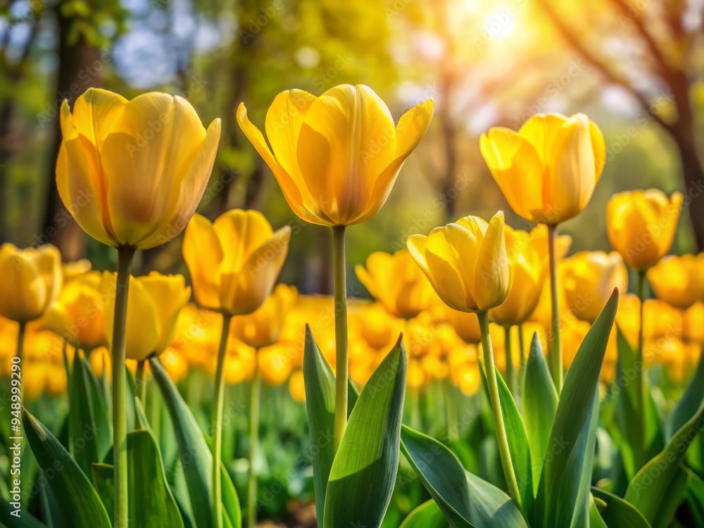 Vibrant yellow tulips sway gently in the soft breeze, surrounded by lush greenery and delicate petals, evoking the Vibrant yellow tulips sway gently in the soft breeze, surrounded by lush greenery and delicate petals, evoking the