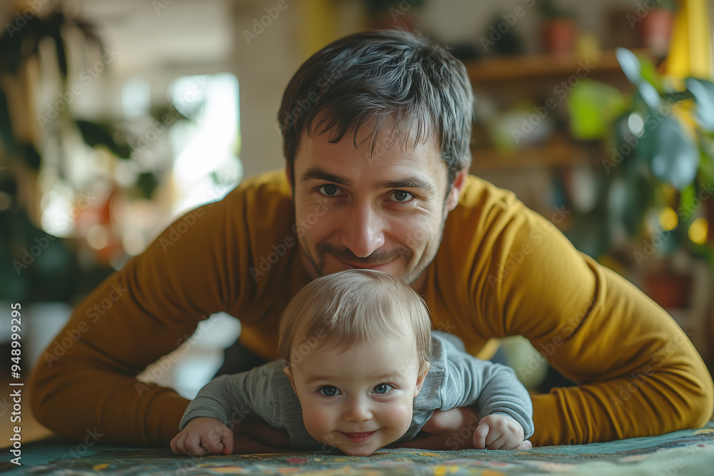 Fototapeta premium A devoted father engages in a single arm plank workout while his baby smiles in a cozy home setting during the afternoon