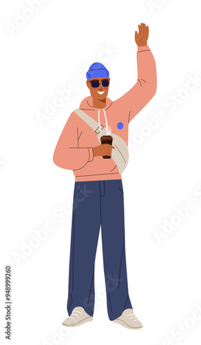 Person greeting concept. Man wave hands. Cheerful person in casual clothes with bag shows hand gesture and says hello. Cute young guy. Flat vector illustration isolated on white background