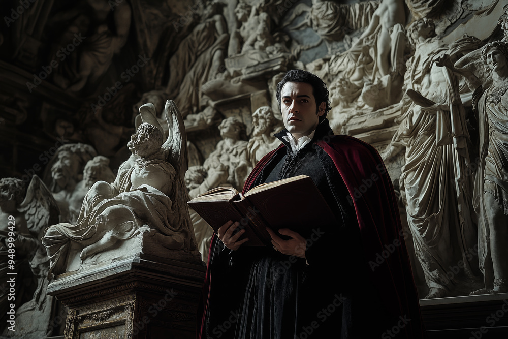 Naklejka premium Greek Dracula experiences a divine encounter among ancient sculptures in a mystical cavern at twilight