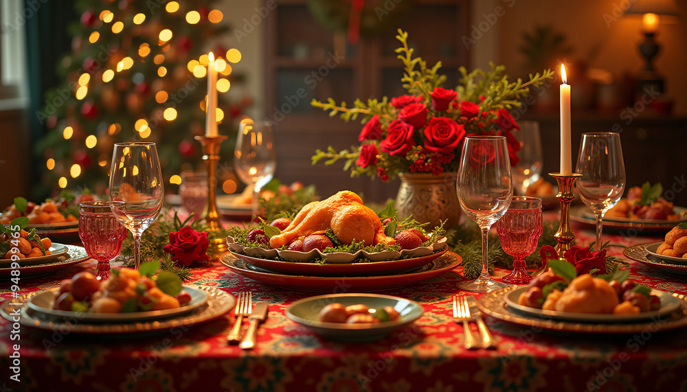 A festive Indian-style Christmas dinner table set with traditional dishes and Christmas-themed decorations A festive Indian-style Christmas dinner table set with traditional dishes and Christmas-themed decorations