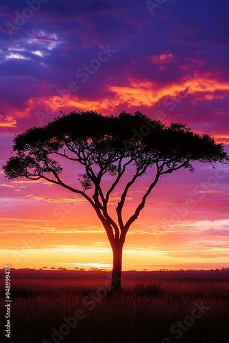 Stunning Sunset Over Silhouetted Acacia Tree in African Savanna