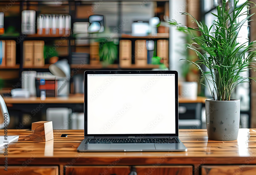 Front view of laptop mockup on wooden table in modern office
Front view of laptop mockup on wooden table in modern office