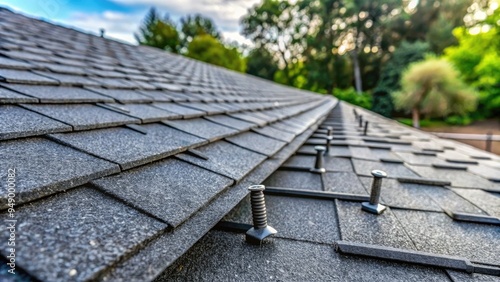Close-up of newly installed dark gray asphalt shingles on a residential roof, with a few loose shingles and roofing nails scattered around.