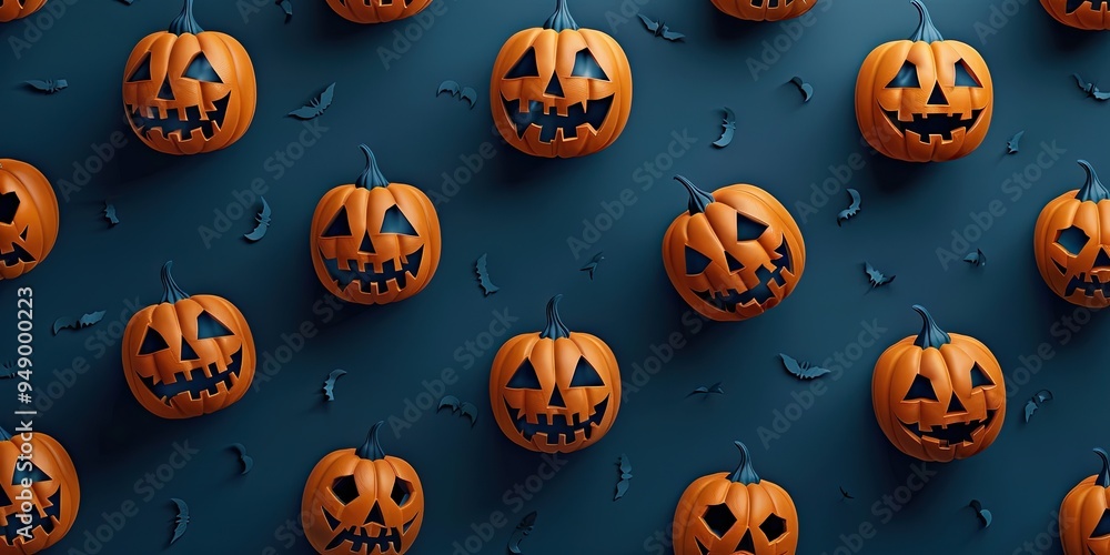 A seamless pattern of carved jack-o'-lanterns with various facial expressions, floating on a dark blue background, accompanied by silhouettes of bats. Halloween concept A seamless pattern of carved jack-o'-lanterns with various facial expressions, floating on a dark blue background, accompanied by silhouettes of bats. Halloween concept