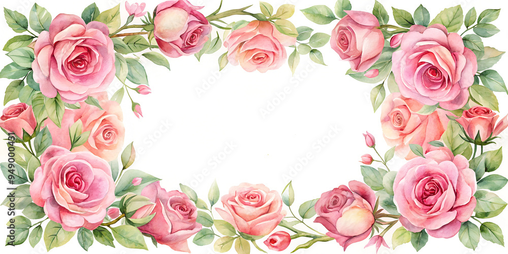 Naklejka premium Background decorated with pink roses, leaves and stems arranged around on a blank white background