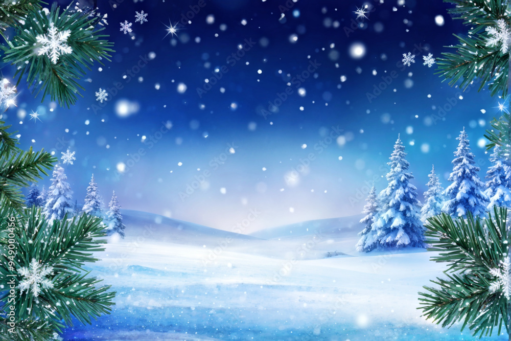 Snowy Winter Banner with Magic Snowflakes and Fir Snowy Winter Banner with Magic Snowflakes and Fir