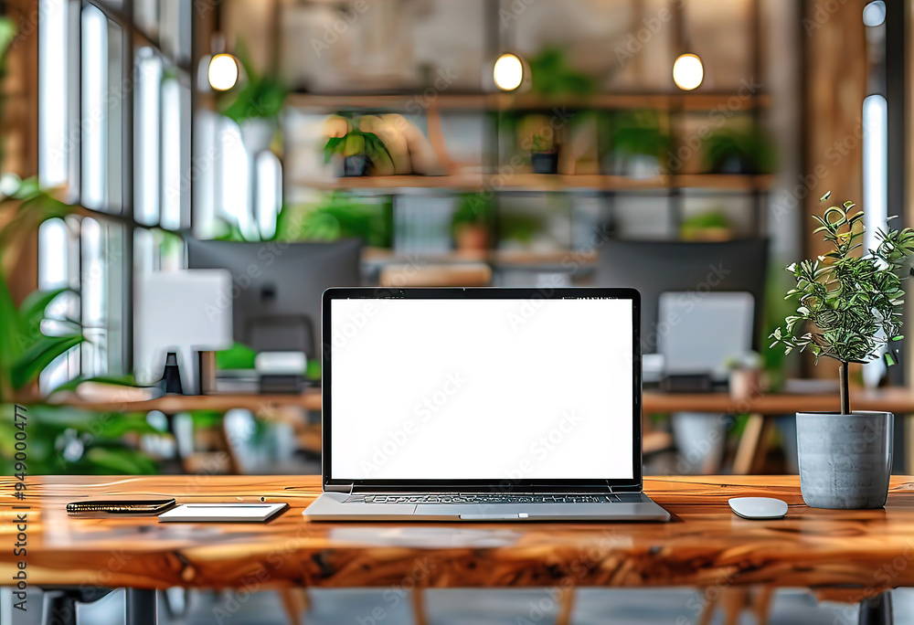 Front view of laptop mockup on wooden table in modern office
Front view of laptop mockup on wooden table in modern office